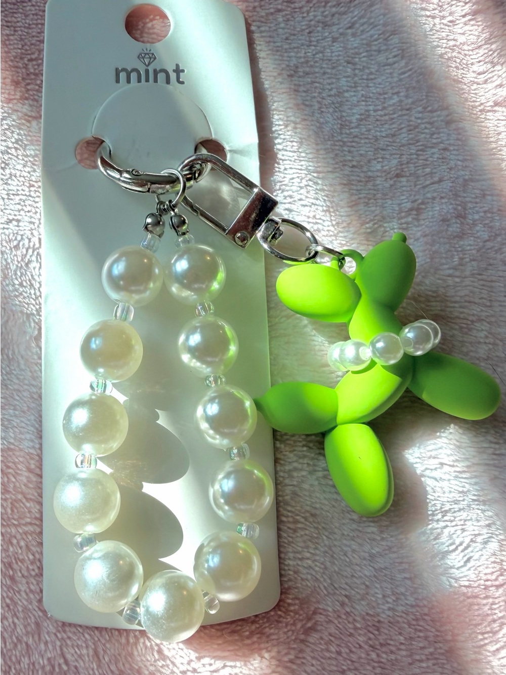 Mint Bright Green Balloon Dog Keychain with Pearl Charm Bracelet